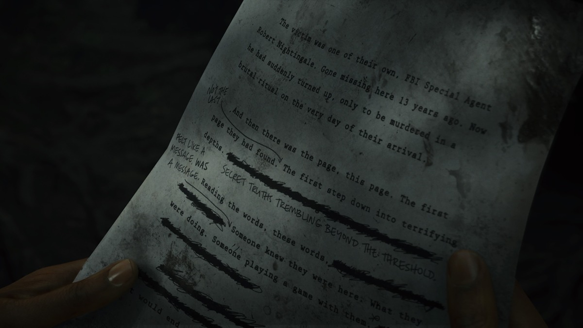 A tattered typewriter-written manuscript is scrawled with handwritten notes. It appears as though the writer had written from the reader's perspective in the present moment.